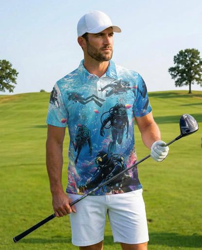 Blue Scuba Diving Coral Reef Polo Shirt for Men – Ocean Adventure Style | Netecom