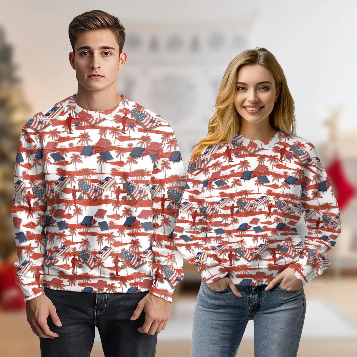 Cornhole Palm Tree Sweatshirt, 3D All Over Print Red Tropical Cornhole Crewneck Pullover for Men Women, Cornhole Player Gift - Netecom