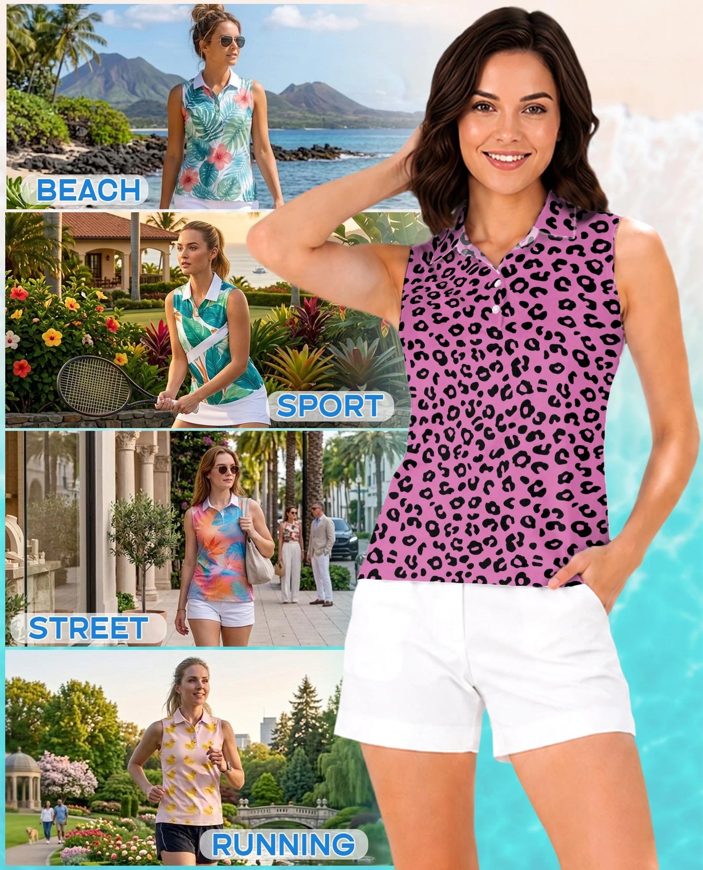 Pink Leopard Print Sleeveless Polo Shirt for Women – Wild Fashion Style | Netecom