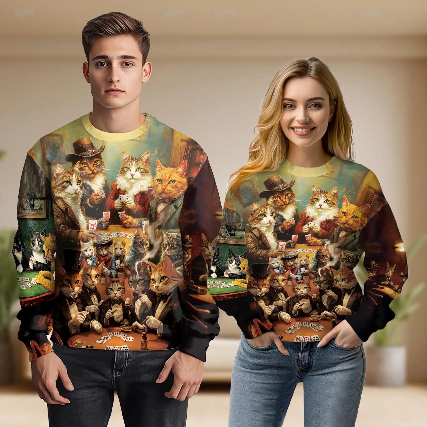 Cats Playing Poker Sweatshirt, 3D All Over Print Funny Cat Card Game Crewneck Pullover for Men Women, Cat Lover Gift - Netecom