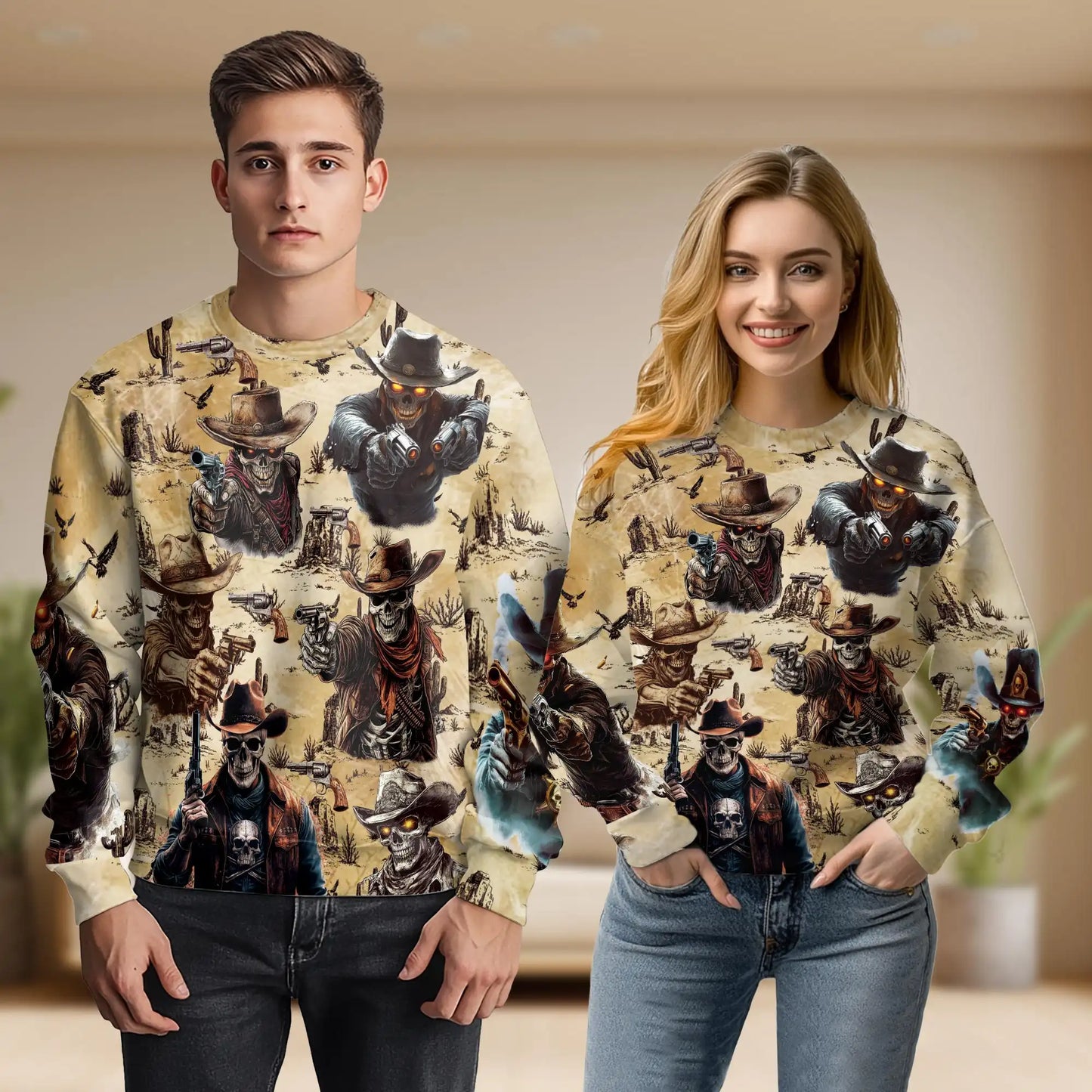 Skeleton Cowboy Gunslinger Sweatshirt, 3D All Over Print Western Skull Crewneck Pullover for Men Women, Cowboy Lover Gift - Netecom