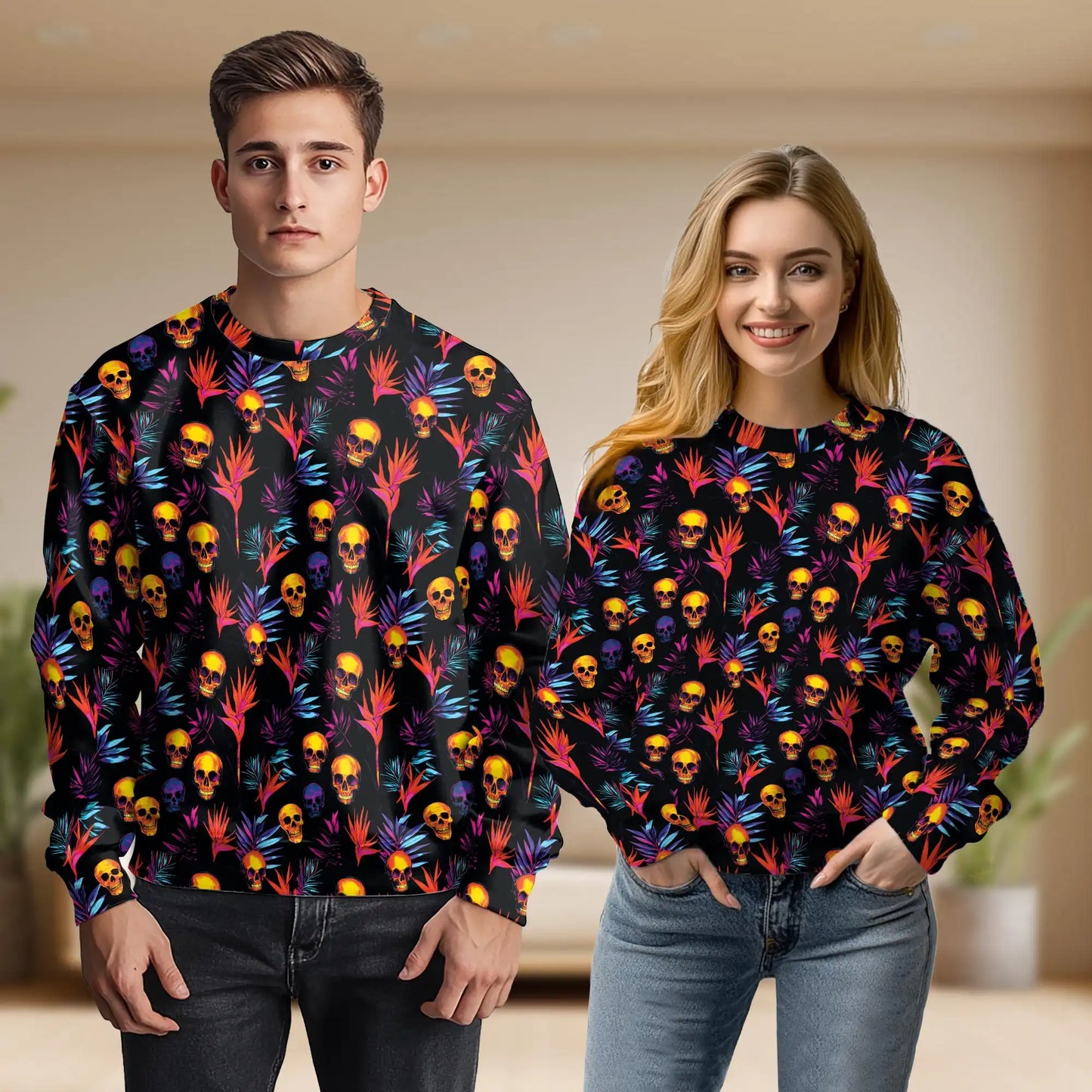 Colorful Skull Sweatshirt, 3D All Over Print Spooky Halloween Crewneck Pullover for Men Women, Skull Lover Gift - Netecom