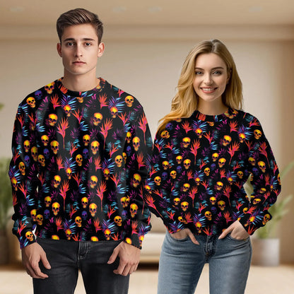 Colorful Skull Sweatshirt, 3D All Over Print Spooky Halloween Crewneck Pullover for Men Women, Skull Lover Gift - Netecom