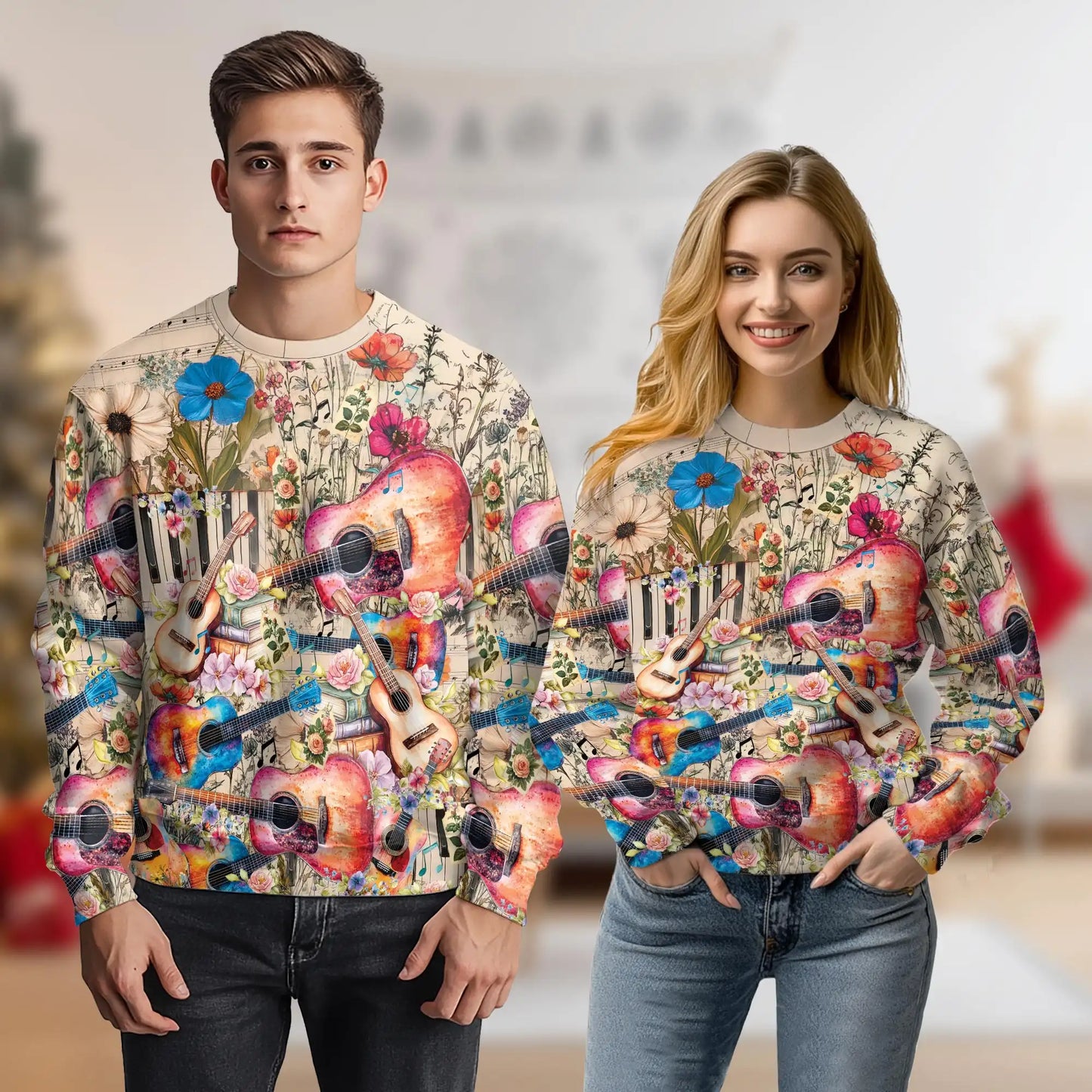 Vintage Flower Ukulele Sweatshirt, 3D All Over Print Retro Floral Music Crewneck Pullover for Men Women, Ukulele Lover Gift - Netecom