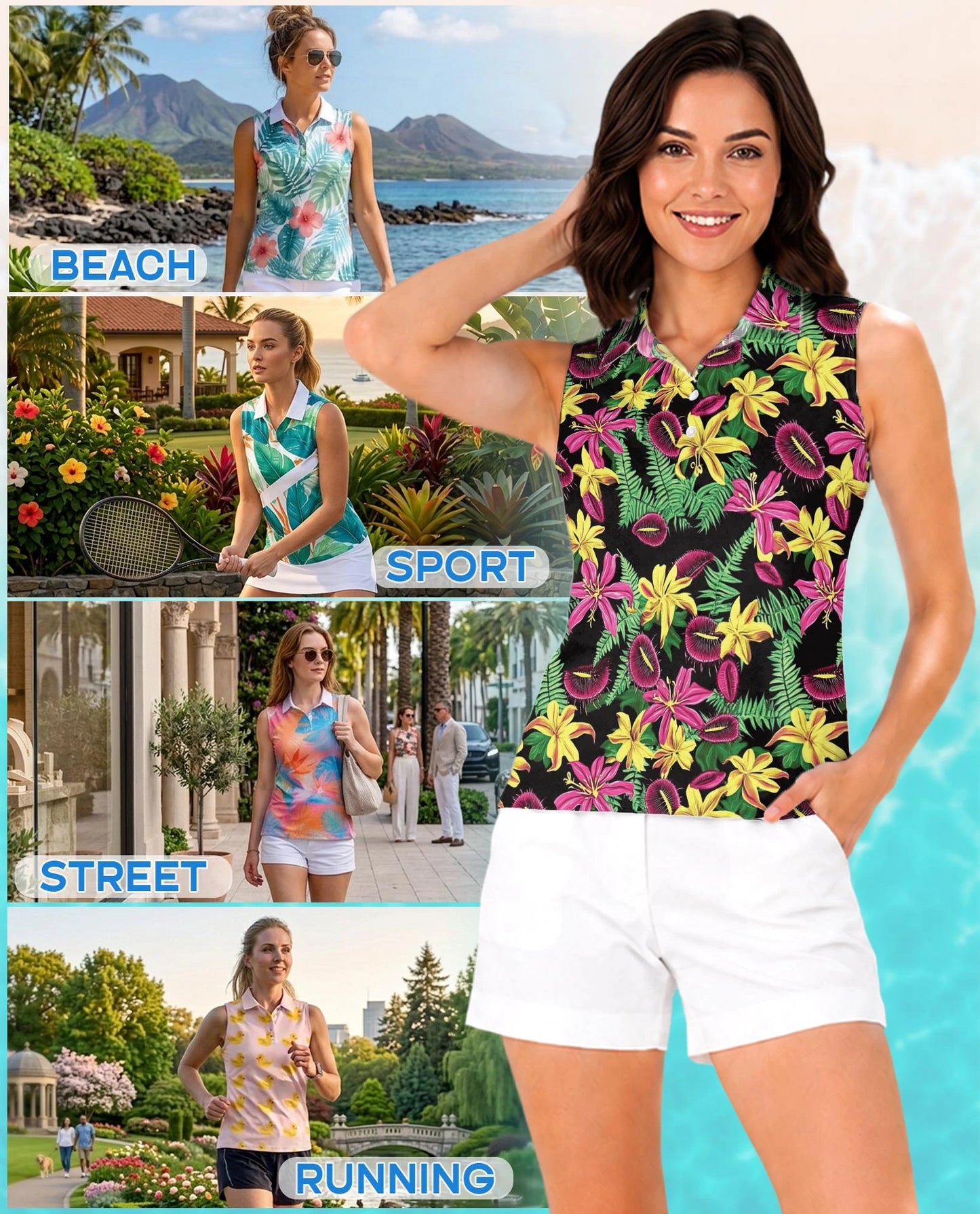 Venus Flytrap Pattern Sleeveless Polo Shirt for Women | Netecom