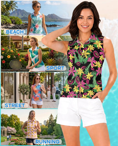 Venus Flytrap Pattern Sleeveless Polo Shirt for Women | Netecom