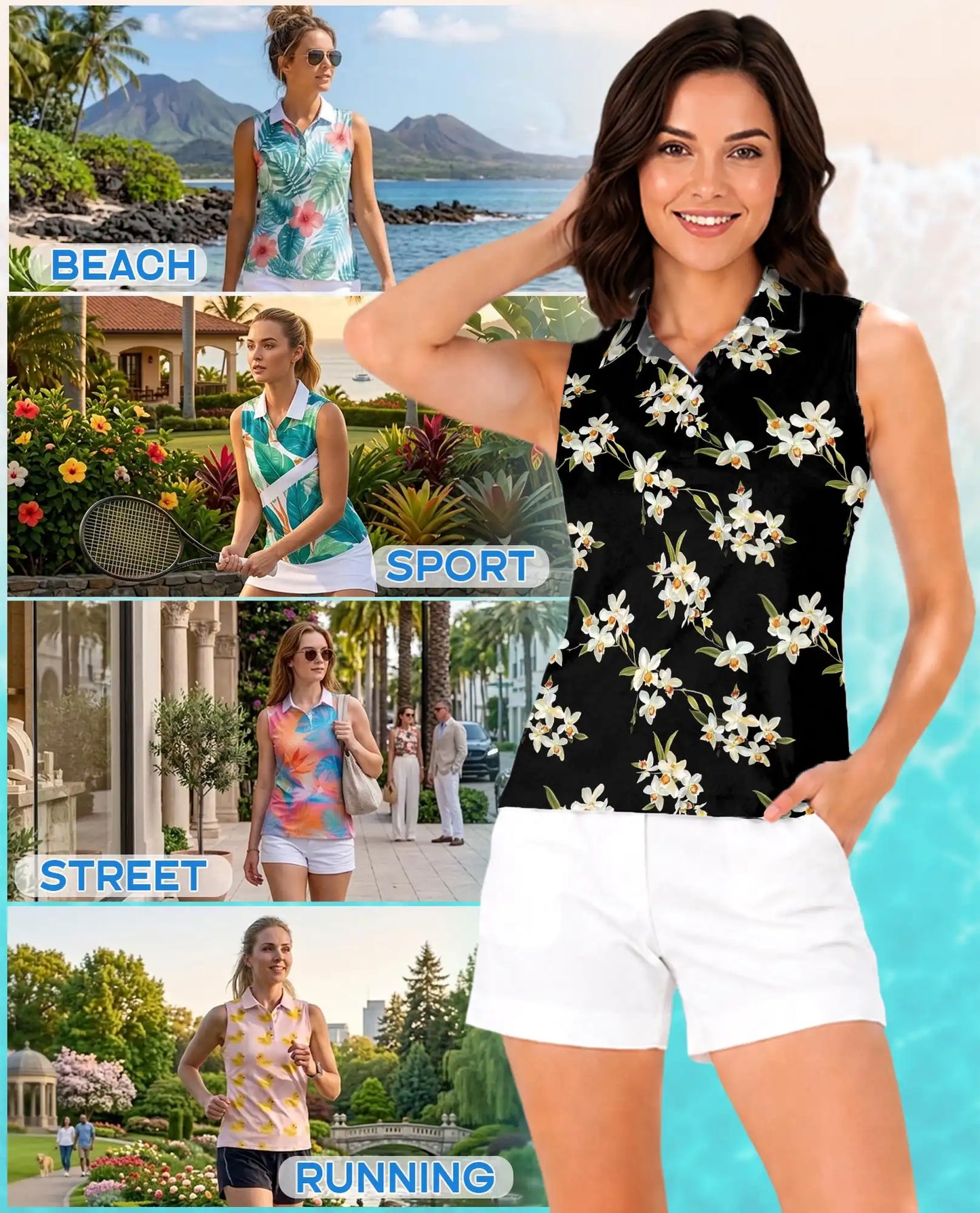 White Orchid Print Sleeveless Polo Shirt for Women – Elegant Floral Style | Netecom