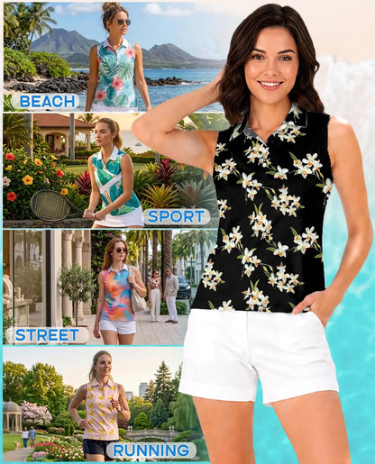 White Orchid Print Sleeveless Polo Shirt for Women – Elegant Floral Style | Netecom