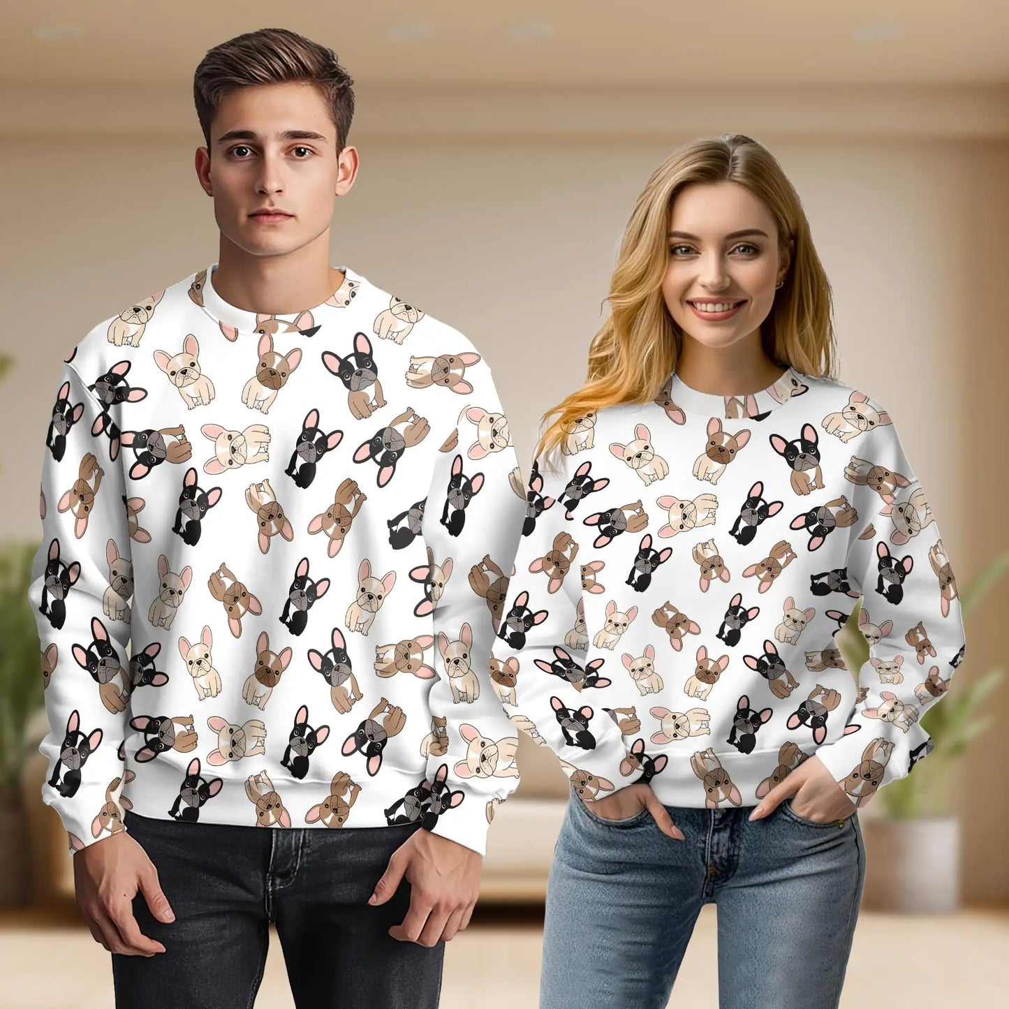 Cartoon French Bulldog Pattern Sweatshirt, 3D All Over Print Cute Dog Crewneck Pullover for Men Women, French Bulldog Lover Gift - Netecom
