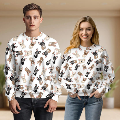 Cartoon French Bulldog Pattern Sweatshirt, 3D All Over Print Cute Dog Crewneck Pullover for Men Women, French Bulldog Lover Gift - Netecom