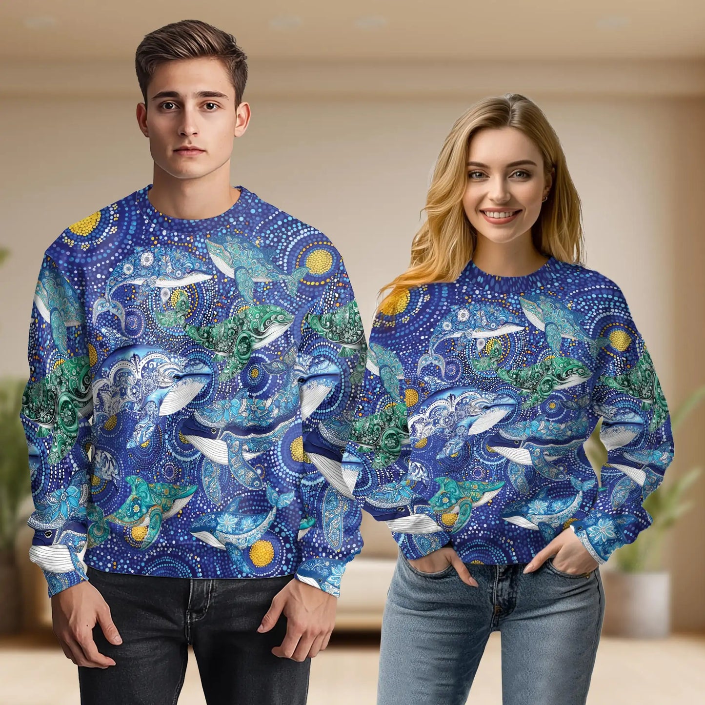 Aboriginal Dot Art Whale Sweatshirt, 3D All Over Print Indigenous Ocean Art Crewneck Pullover for Men Women, Whale Lover Gift - Netecom