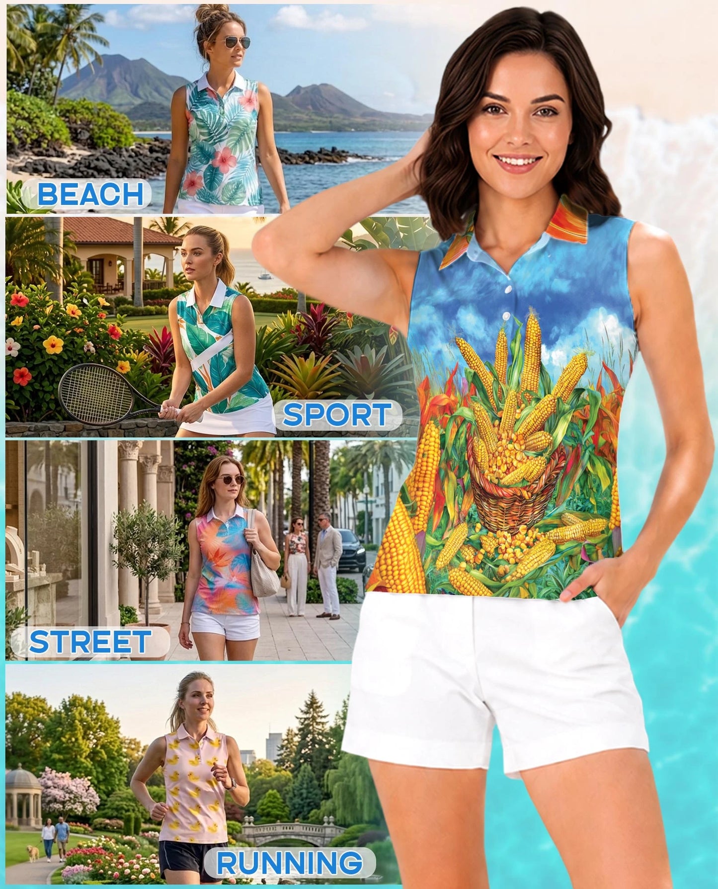 Corn Pattern Sleeveless Polo Shirt for Women | Netecom