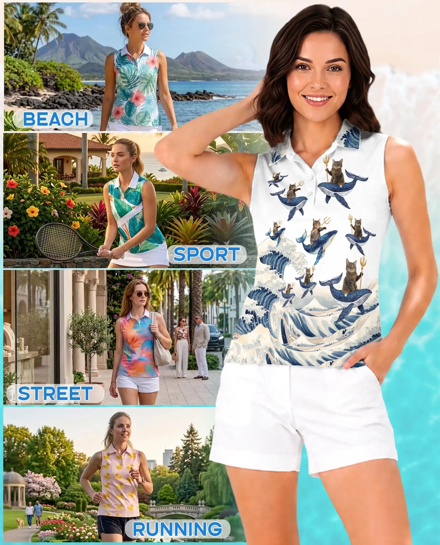 Cat Riding Whale Funny Sleeveless Polo Shirt for Women | Netecom