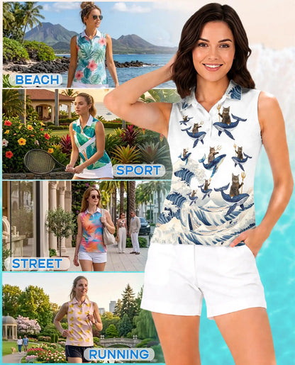 Cat Riding Whale Funny Sleeveless Polo Shirt for Women | Netecom