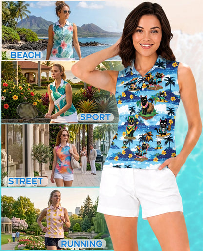 Tropical Cat Sleeveless Polo Shirt for Women | Netecom