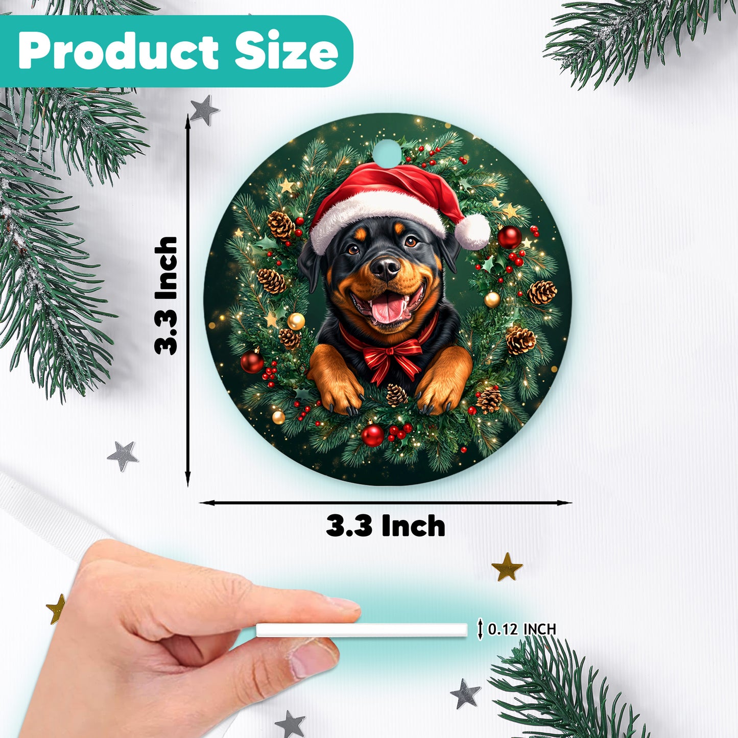 Netecom Cute Rottweiler in Santa Hat Christmas Ornament, Rottie Dog Ceramic Ornament for Xmas Tree Hanging Decorations Gift, Puppy Lover Gifts, Home Decor, Holiday Party Present