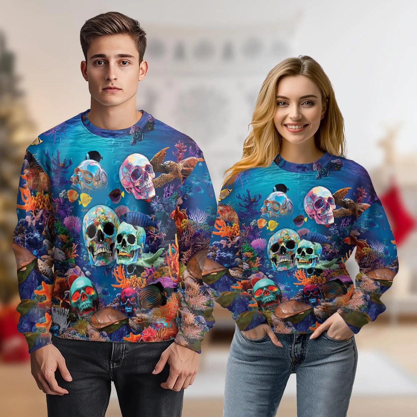 Ocean Skull Sweatshirt, 3D All Over Print Nautical Skull Crewneck Pullover for Men Women, Ocean Lover Gift - Netecom