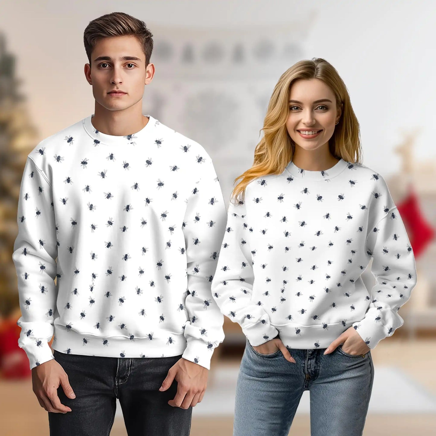Housefly Pattern Sweatshirt, 3D All Over Print Insect Crewneck Pullover for Men Women, Fly Lover Gift - Netecom