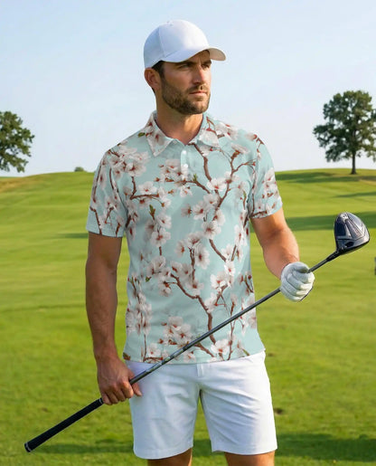 White Cherry Blossom Polo Shirt for Men – Spring Floral Style | Netecom