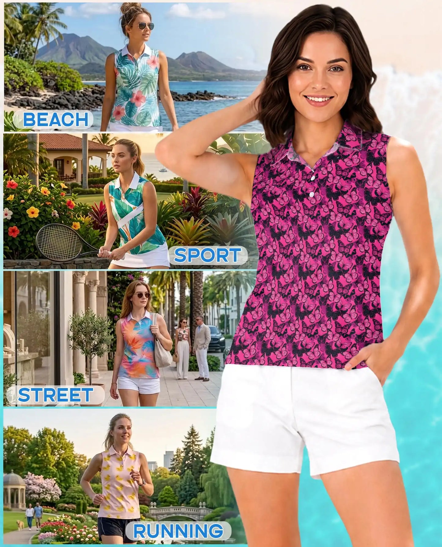 Pink Butterfly Print Sleeveless Polo Shirt for Women | Netecom