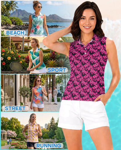 Pink Butterfly Print Sleeveless Polo Shirt for Women | Netecom