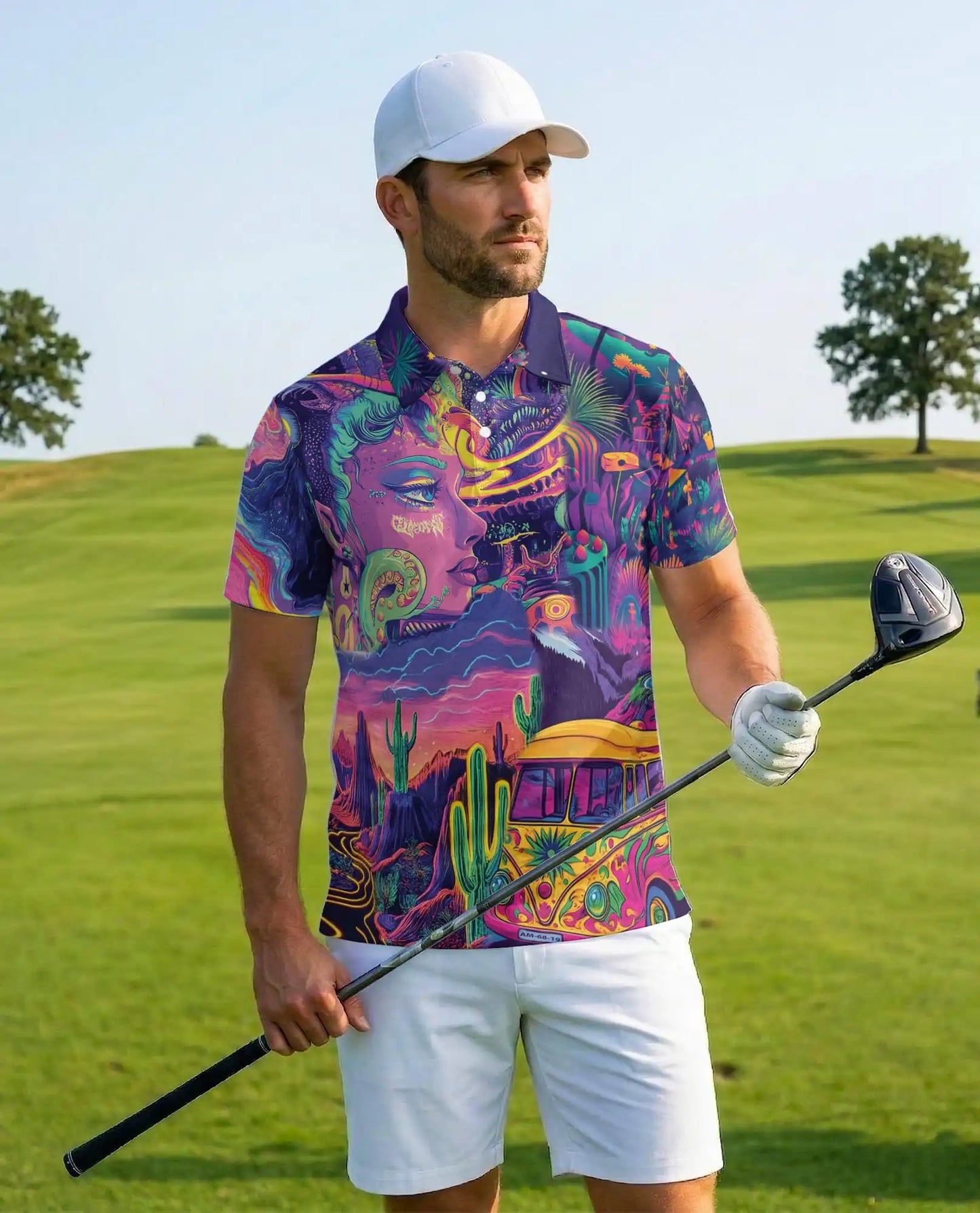 Psychedelic Desert Polo Shirt - Retro Festival Art Style | Netecom