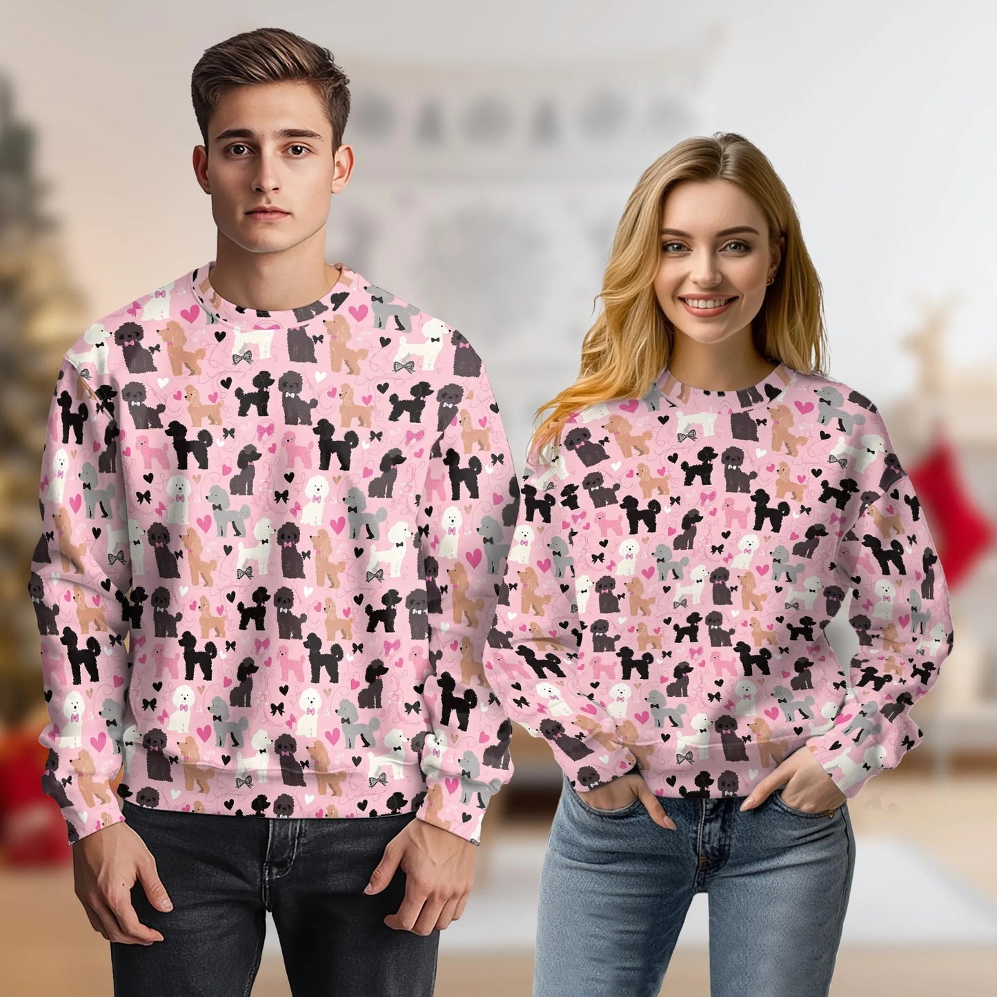 Kawaii Poodle Pink Bows Sweatshirt, 3D All Over Print Cute Dog Floral Tropical Crewneck Pullover for Men Women, Poodle Lover Gift - Netecom