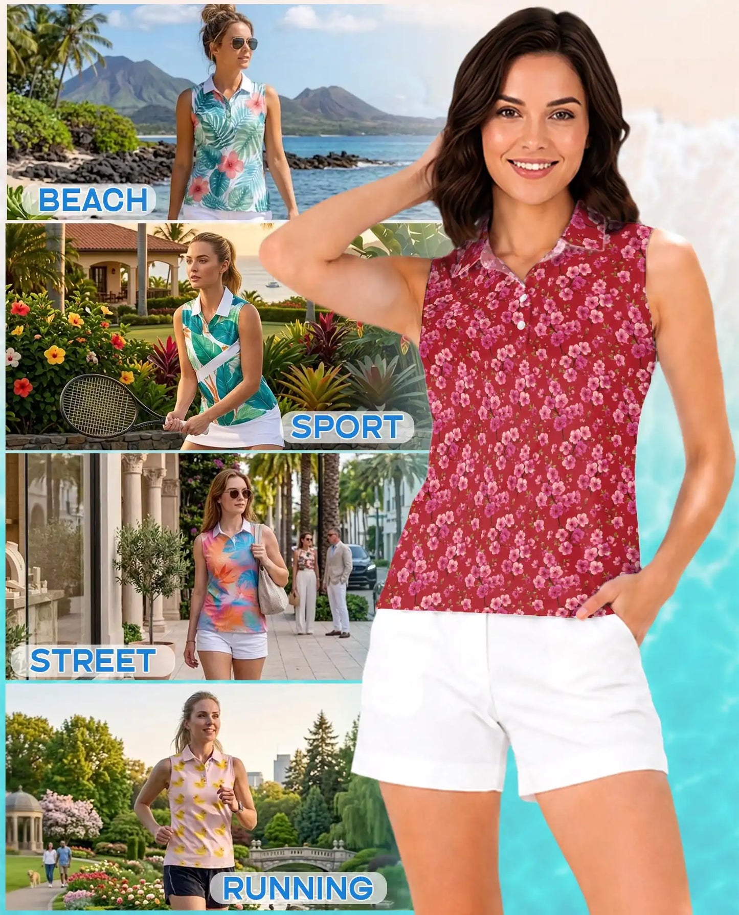 Red Cherry Blossom Sleeveless Polo Shirt for Women  | Netecom