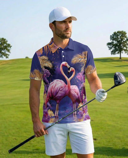 Pink Flamingo Polo Shirt - Tropical Paradise Romantic Coastal Design | Netecom
