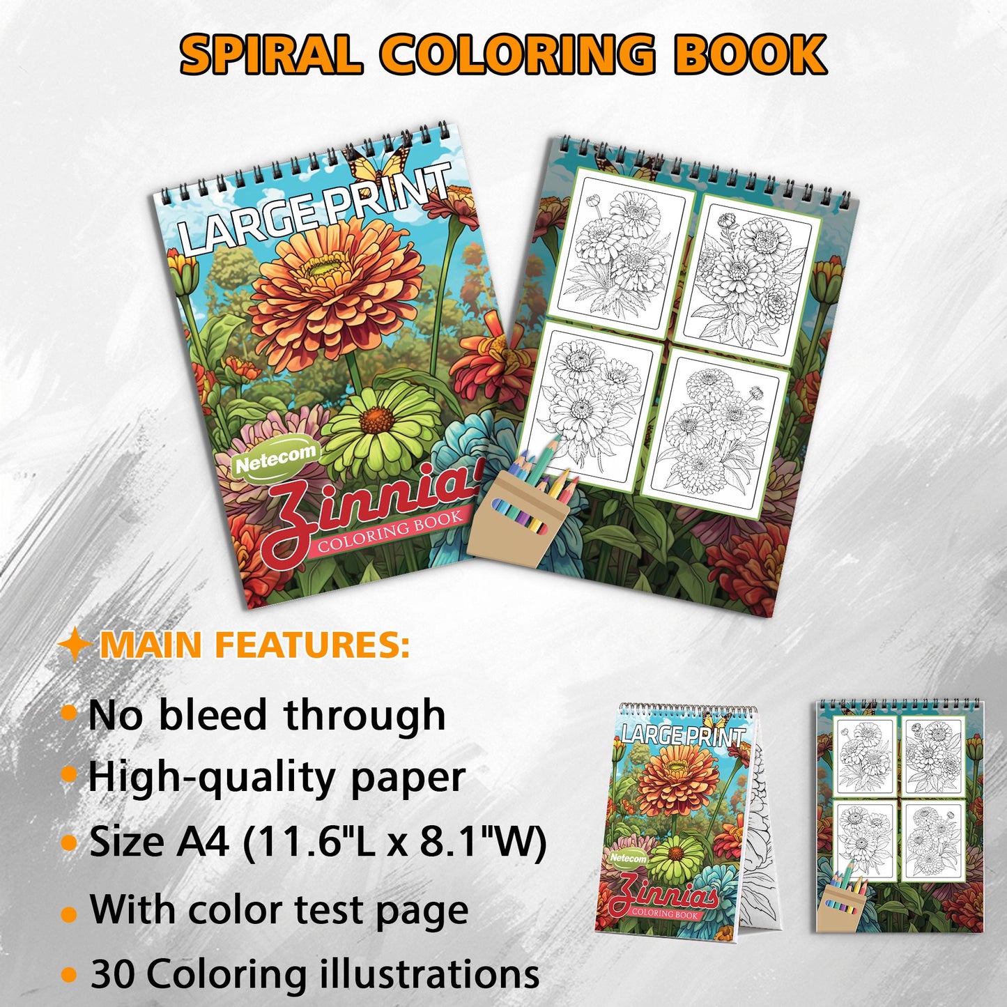 Large Print Zinnias Spiral Bound Coloring Book, Bold and Beautiful Zinnias in Large Print, Great for Easy and Vibrant Floral Art Enjoyment