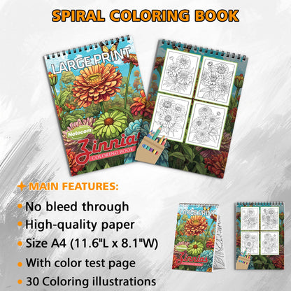 Large Print Zinnias Spiral Bound Coloring Book, Bold and Beautiful Zinnias in Large Print, Great for Easy and Vibrant Floral Art Enjoyment