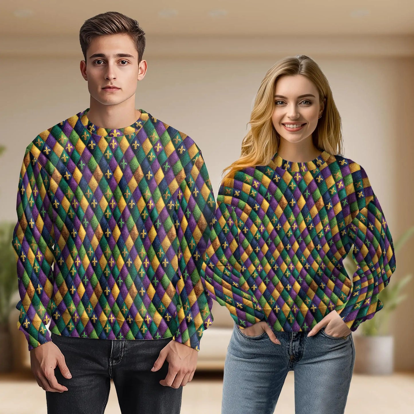 Mardi Gras Harlequin Pattern Sweatshirt, 3D All Over Print Carnival Diamond Crewneck Pullover for Men Women, Mardi Gras Gift - Netecom