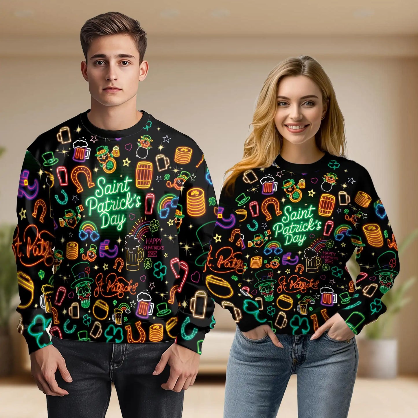 Neon St Patrick’s Day Sweatshirt, 3D All Over Print Irish Party Crewneck Pullover for Men Women, St Patrick’s Day Gift - Netecom