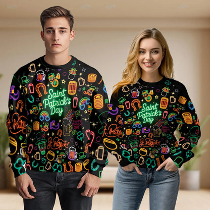 Neon St Patrick’s Day Sweatshirt, 3D All Over Print Irish Party Crewneck Pullover for Men Women, St Patrick’s Day Gift - Netecom