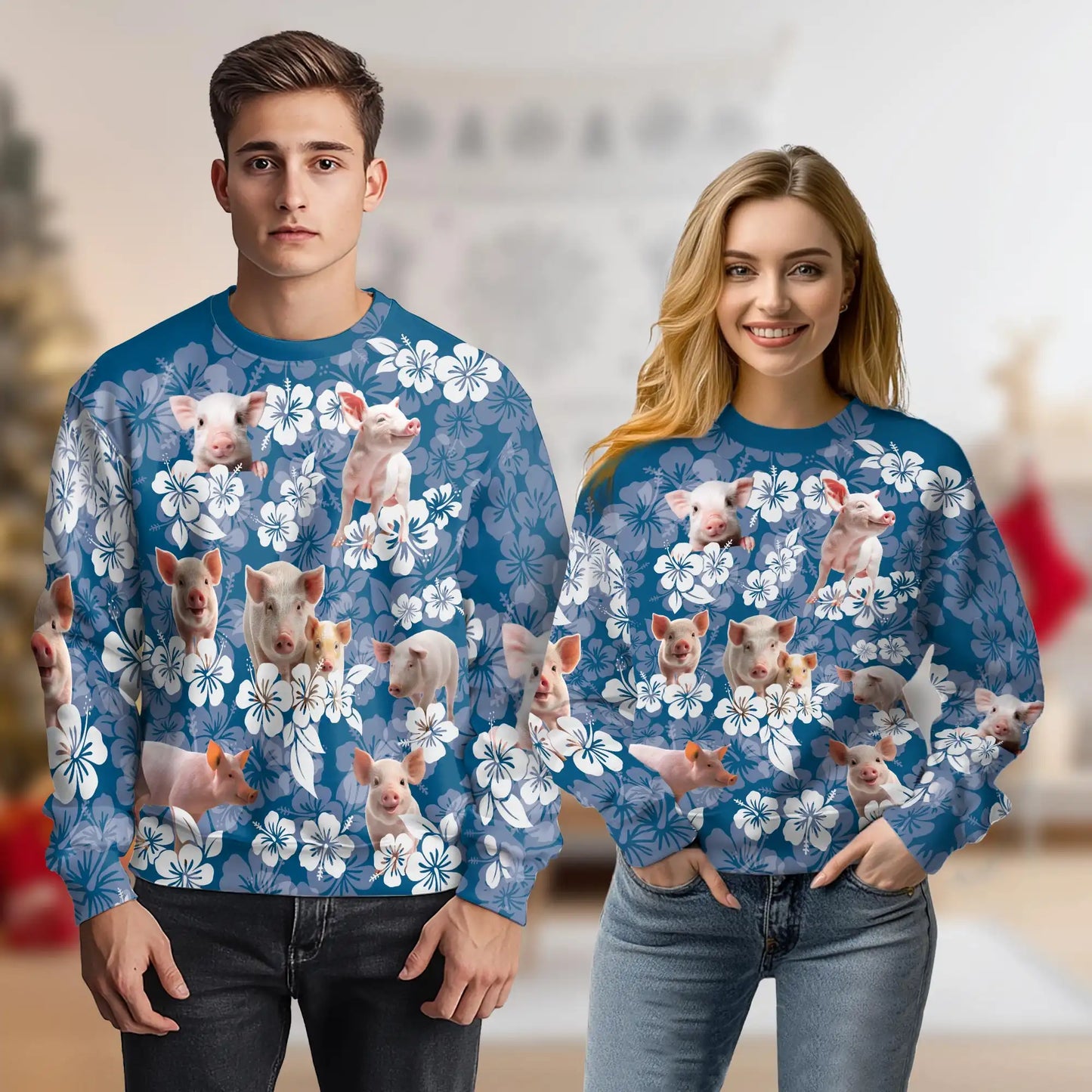 Farmer Pig Floral Sweatshirt, 3D All Over Print Farm Animal Flower Crewneck Pullover for Men Women, Pig Lover Gift - Netecom