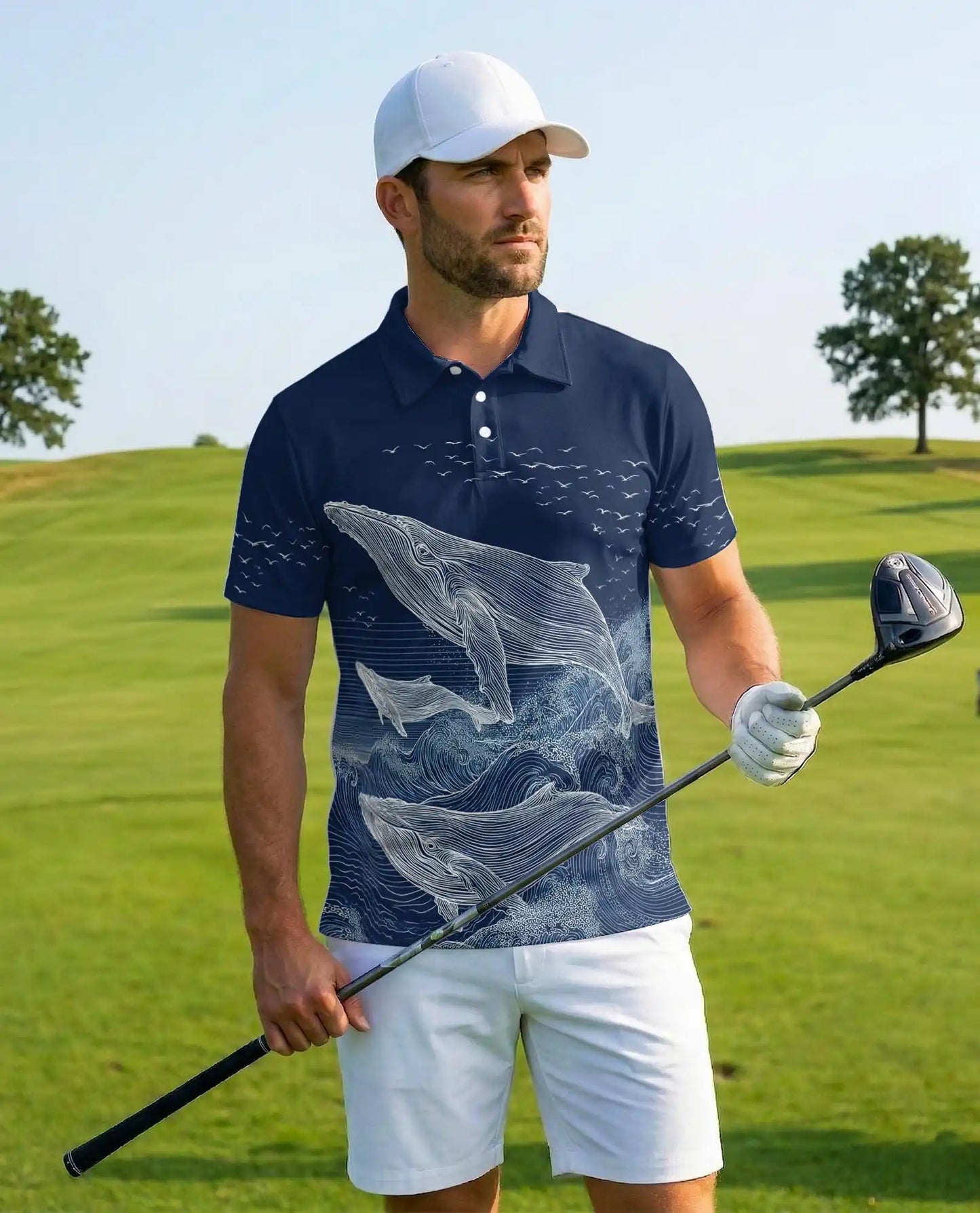 Whale Polo Shirt - Ocean Wave Marine Life Coastal Design | Netecom
