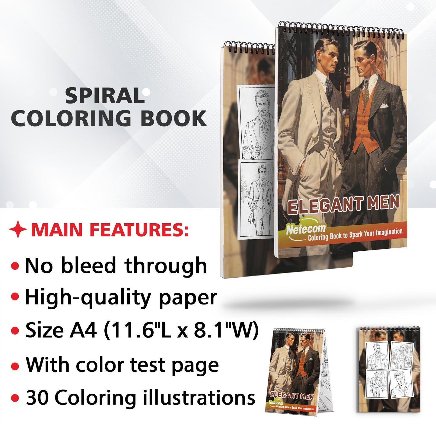 Elegant Men Spiral Bound Coloring Book, Experience the Allure of Sophistication with 30 Captivating Coloring Pages, Perfect for a Stylish and Refined Coloring Adventure