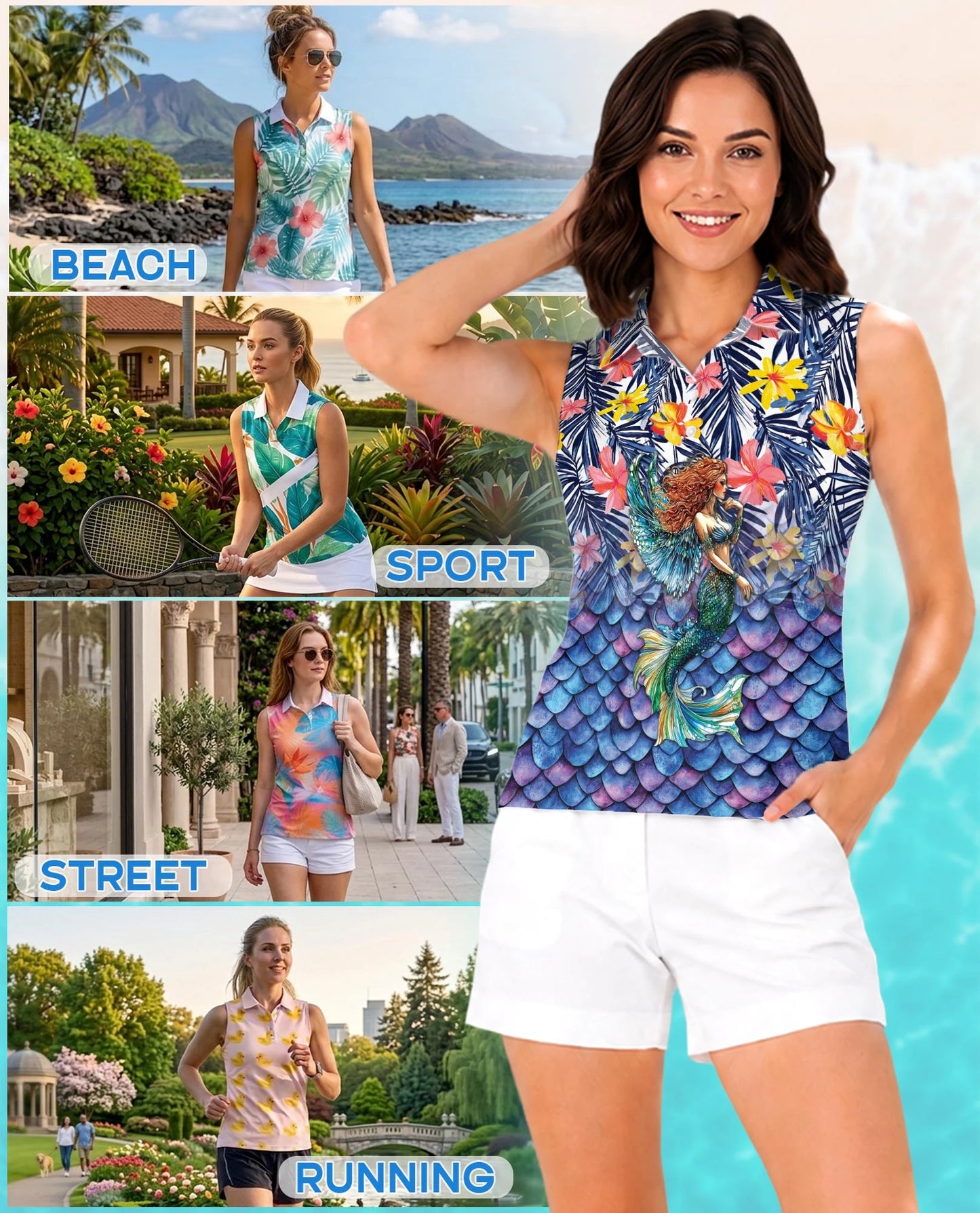 Mermaid Pattern Sleeveless Polo Shirt for Women | Netecom