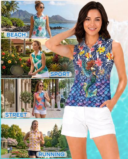 Mermaid Pattern Sleeveless Polo Shirt for Women | Netecom