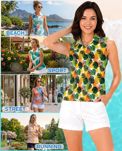 Monstera Leaf Print Sleeveless Polo Shirt for Women – Tropical Botanical Style | Netecom