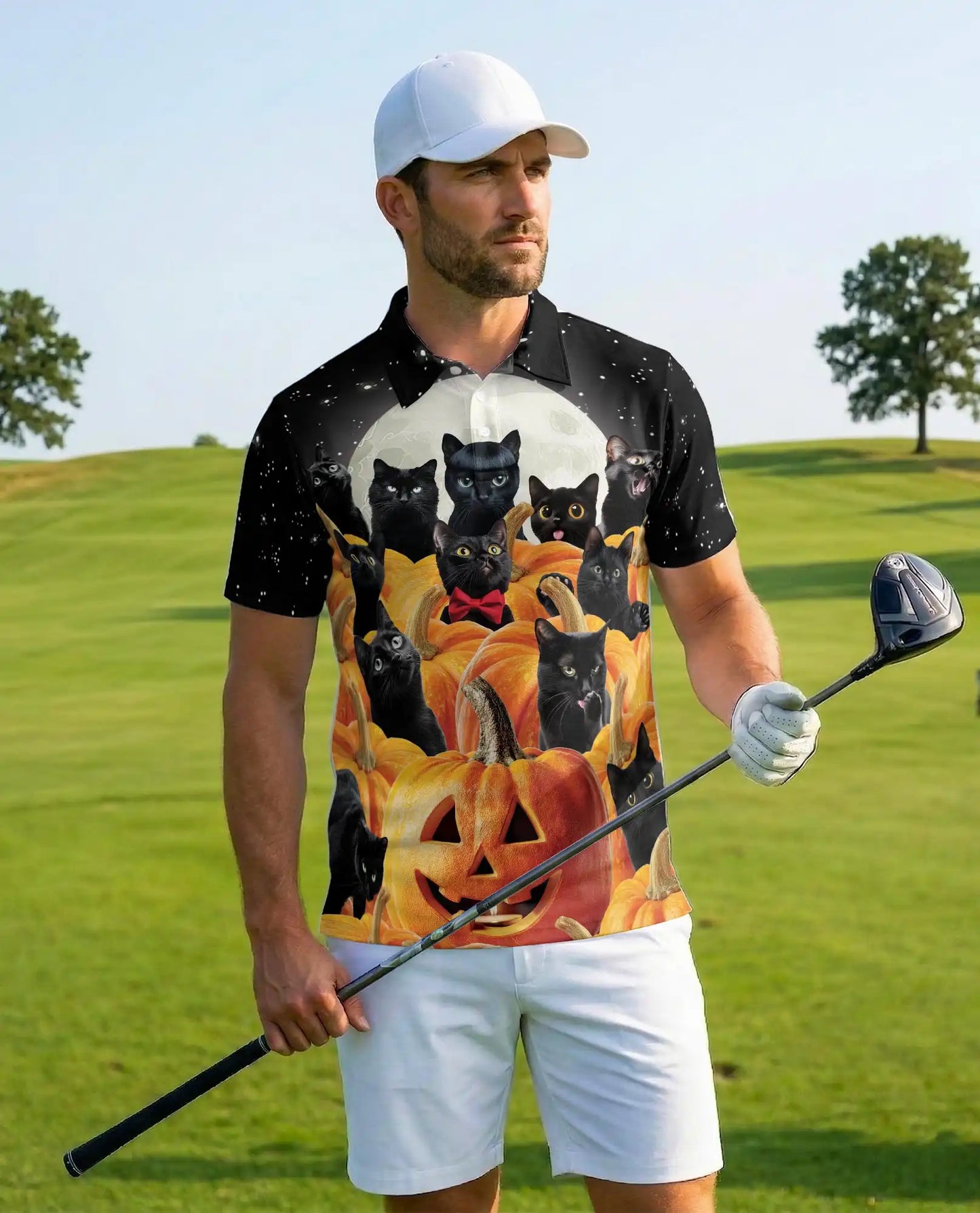 Black Cat Halloween Polo Shirt - Pumpkin Moon Night Style | Netecom