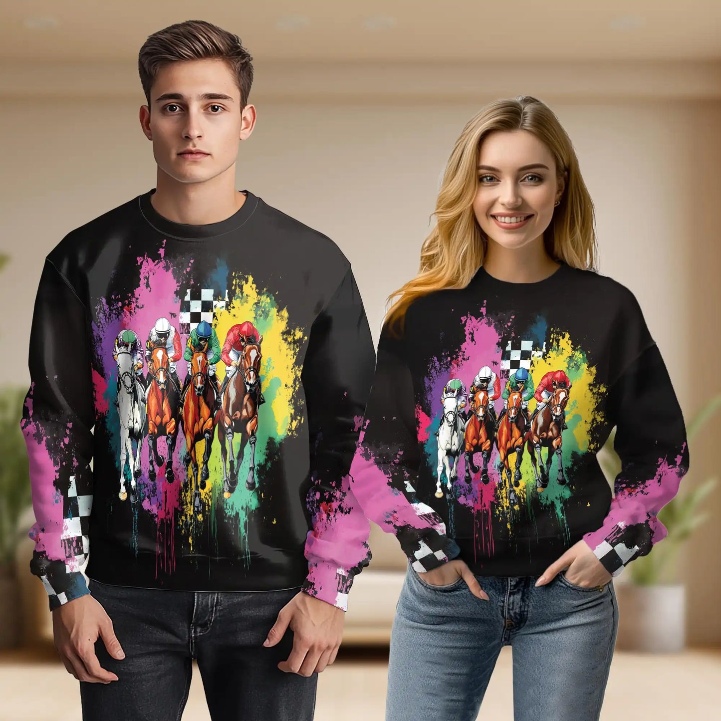 3D Colorful Horse Racing Sweatshirt, All Over Print Vibrant Equestrian Sports Crewneck Pullover for Men Women, Horse Racing Lover Gift - Netecom