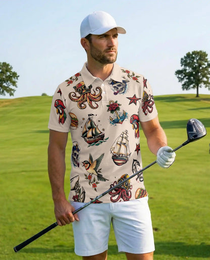 Pirate Tattoo Polo Shirt - Nautical Skull Octopus Sailor Design | Netecom