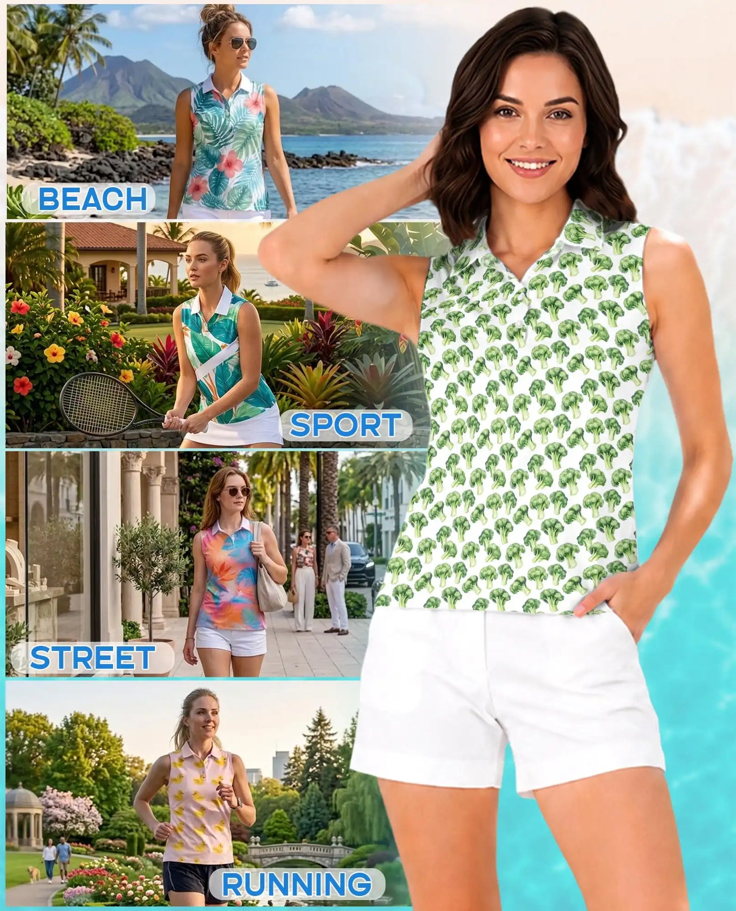 Vegetable Print Sleeveless Polo Shirt for Women – Fresh Food Lover Style | Netecom
