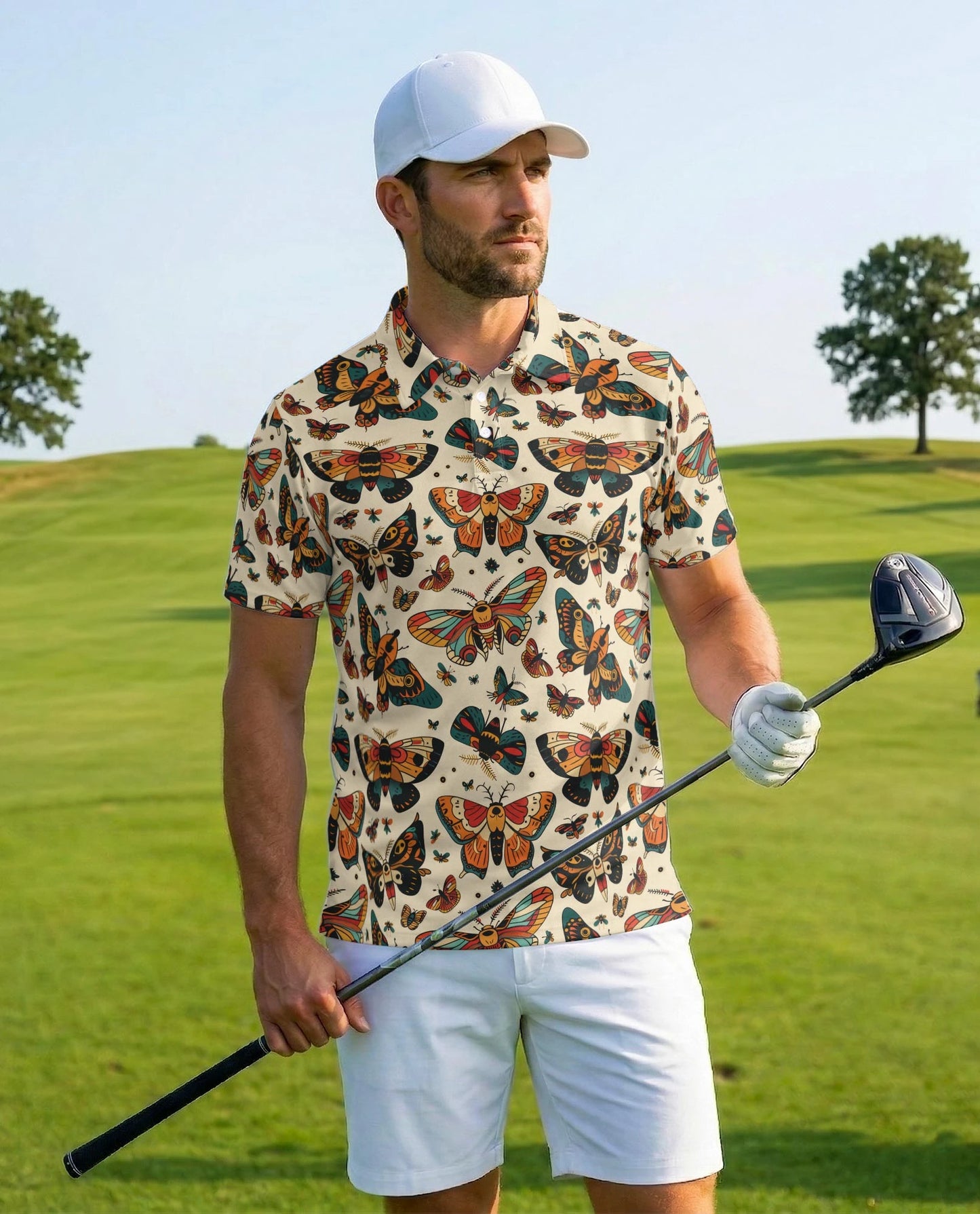 Vintage Butterfly Pattern Polo Shirt for Men – Retro Floral Nature Style | Netecom