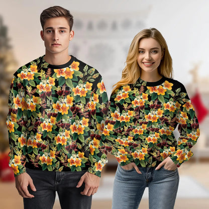 Plumeria and Wine Seamless Pattern Sweatshirt, 3D All Over Print Tropical Floral Drink Crewneck Pullover for Men Women, Wine Lover Gift - Netecom