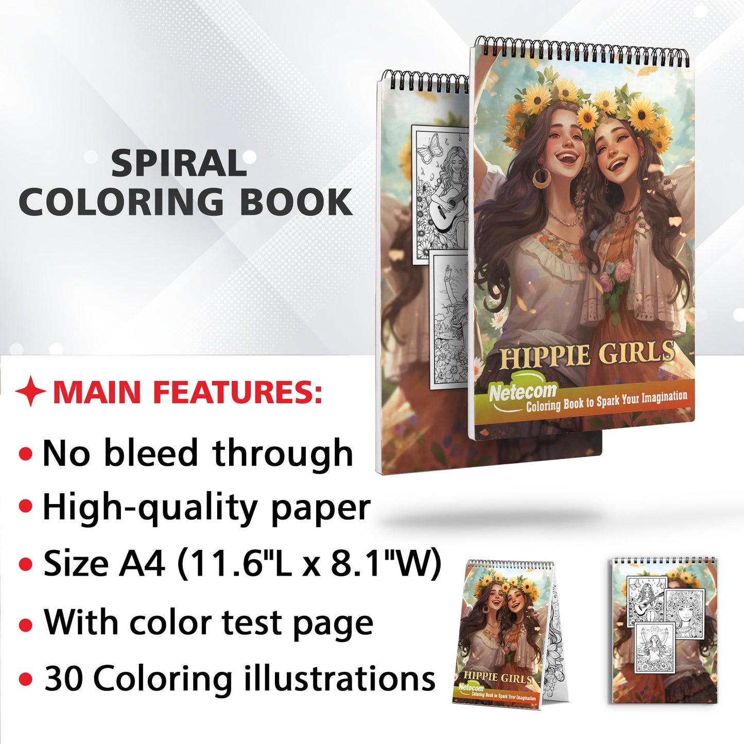 Hippie Girls Spiral Bound Coloring Book, Unleash Your Creativity with 30 Whimsical Coloring Pages of Hippie Girls