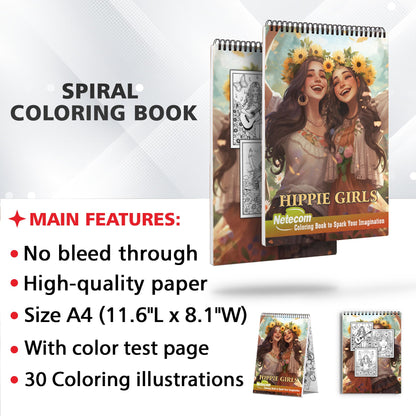 Hippie Girls Spiral Bound Coloring Book, Unleash Your Creativity with 30 Whimsical Coloring Pages of Hippie Girls