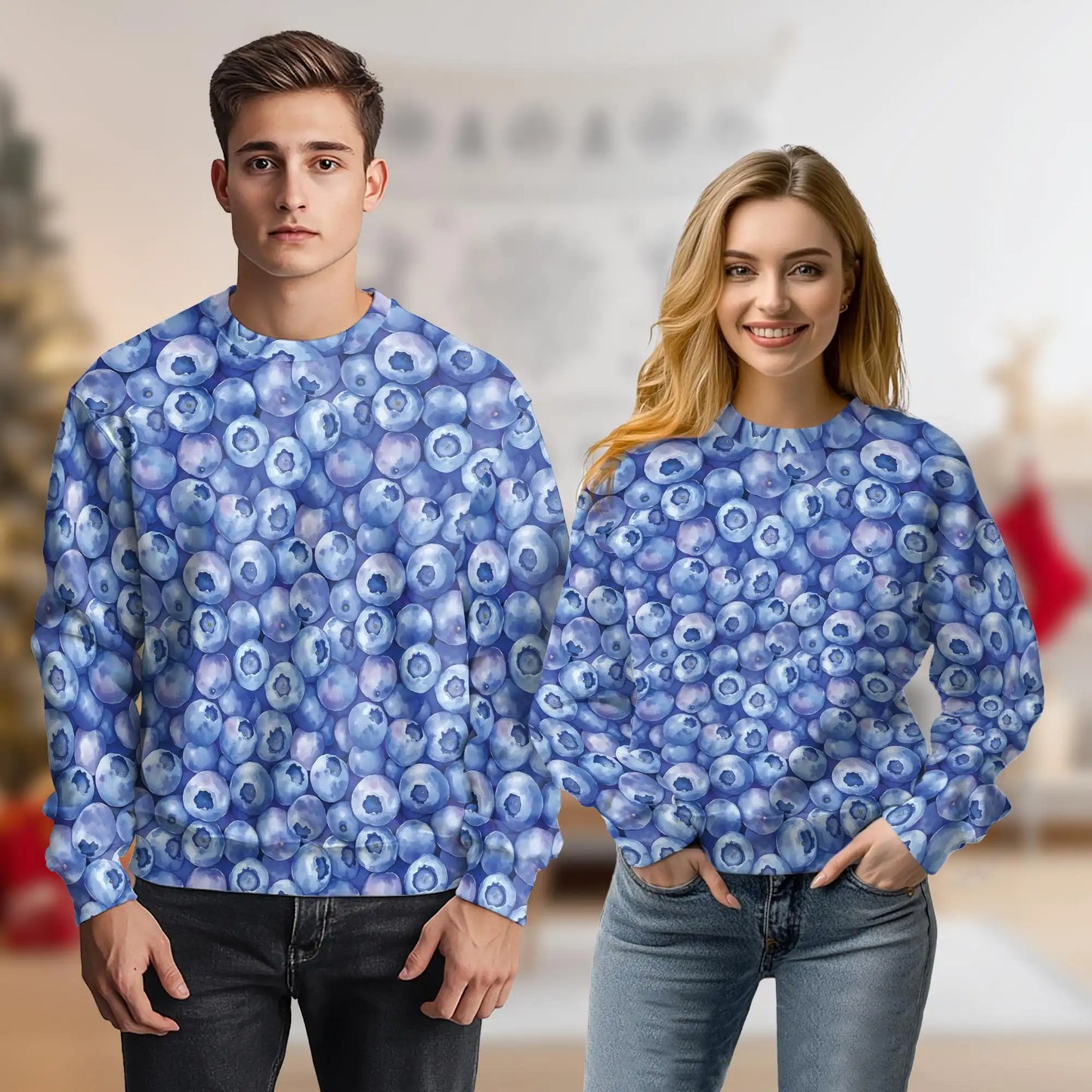 All-Over Print Blueberry Sweatshirt, 3D All Over Print Fresh Fruit Crewneck Pullover for Men Women, Blueberry Lover Gift - Netecom