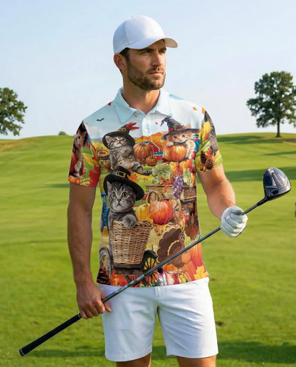 Autumn Harvest Cats Polo Shirt for Men – Cute Fall Kitten Print | Netecom